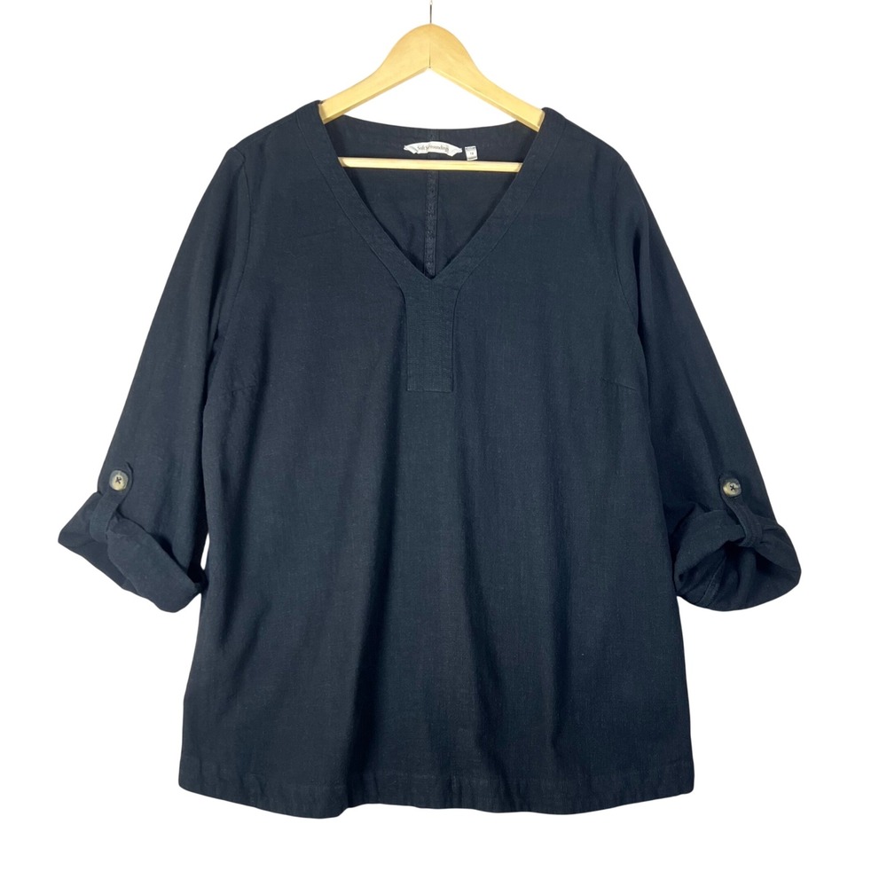 Soft Surroundings Black Cotton V-Neck Roll Tab Sleeve Tunic Top 1X Lagenlook
